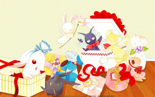 Cartoon animals presents table bow - a bow free wallpaper for desktop