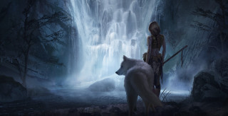 Woman white wolf forest waterfall - charlie bowater free wallpaper