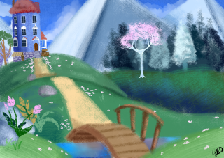 House bridge field tree mountain - plein air free wallpaper