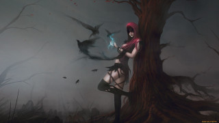 Woman red hat sword forest - bastien l. deharme free wallpaper