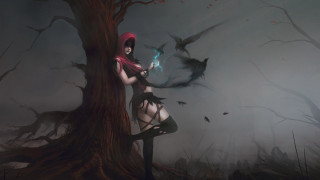 Woman red hat red scarf - bat free wallpaper