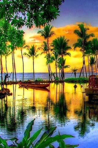 Tropical sunset boats water palm - impressionist free wallpaper for mobile