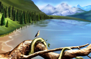 Lizard branch lake mountains bird - the background and a bird free wallpaper