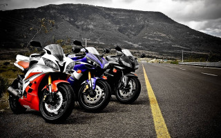 Motorcycles parked road mountain range 4 - synchromism free wallpaper