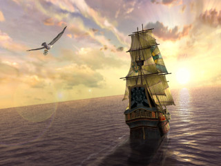 Bird flying ship ocean sunset - over a ship in the ocean free wallpaper