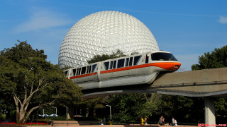 Monorail ball park people trees - retrofuturism free wallpaper