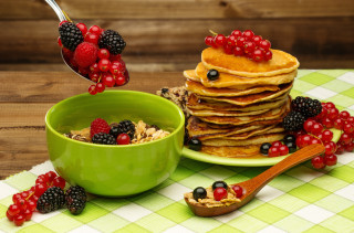 Pancakes berries cereal plate spoon - a stack of pancakes free wallpaper