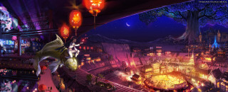 Woman dragon flying city night - lantern free wallpaper