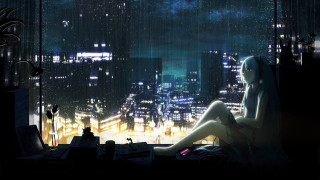 Woman sitting window sill city 2 - a window sill free wallpaper