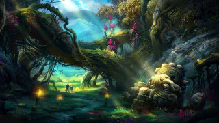 Fantasy forest glowing fireflies lake - tree and people free wallpaper