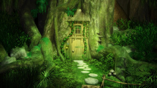 Green door forest path treehouse - step free wallpaper