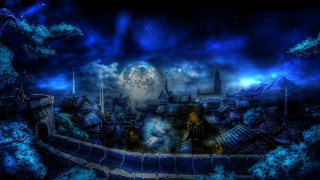 City full moon clouds painting - a painting of a city free wallpaper