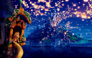 Tangled lanterns castle lake fairy - floating free wallpaper