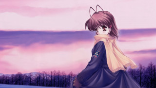 Woman blue dress snow trees - a pink sky in the background free wallpaper for desktop