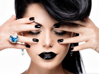 Woman black nails ring face - her finger and a ring free wallpaper