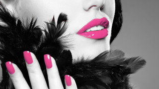 Woman pink black makeup feathers - pop art free wallpaper