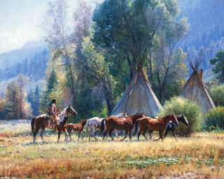 Native american village horses teepee - an oil painting free wallpaper