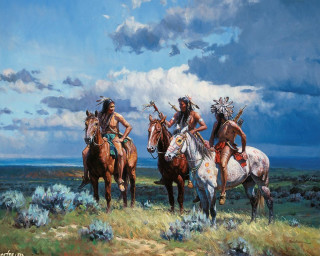 Native american men horses field - western comic book art free wallpaper
