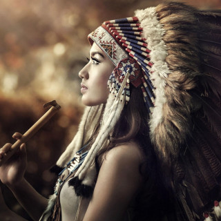Native american woman serious stick - photorealistic free wallpaper for tablet
