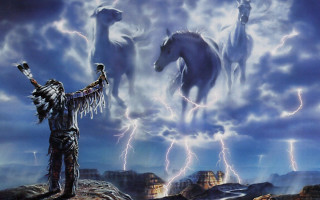 Man rock horses lightning sky 2 - thunderstorm free wallpaper