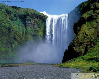 Waterfall boat river mountain blue - a waterfall free wallpaper for desktop