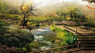 River bridge park trees flowers - kinkade free wallpaper