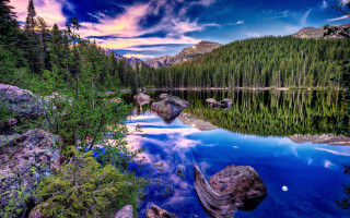 Lake trees rocks sky mountains - bob ross free wallpaper