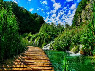 Wooden path waterfall forest blue 3 - alen divi free wallpaper