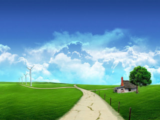 House wind turbine green field 2 - a house free wallpaper