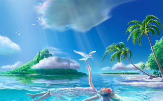 Woman floating ocean bird island - dreamlike free wallpaper