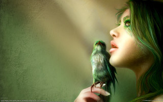 Woman holding green bird green - a green wall free wallpaper