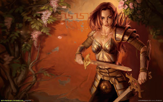 Woman gold outfit sword tree - magic free wallpaper