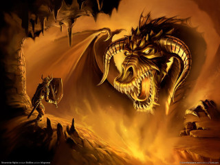 Dragon huge head man sword - his hand and a fire in the background free wallpaper