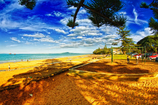 Beach volleyball court blue sky - ultra wide angle free wallpaper