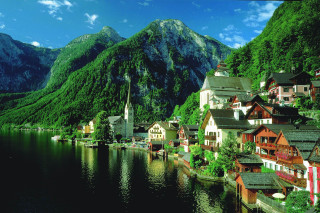 Scenic village lake mountains church - scenic free wallpaper