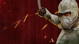 Man white suit sword red 2 - a red curtain behind free wallpaper