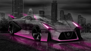 Futuristic car pink lights city - matte drawing free wallpaper