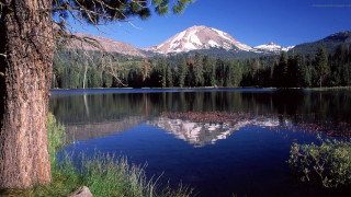 Mountain lake tree background distant - bob ross free wallpaper