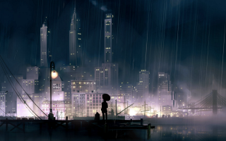 City skyline dock rain night - a city skyline in the background free wallpaper