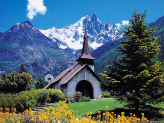 Church mountains yellow flowers snow - the mountain free wallpaper