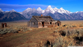 Cabin field mountains blue sky 2 - kodachrome free wallpaper