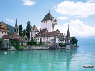 Castle tower lake boat building - a tower free wallpaper