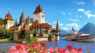 Boat castle flowers mountain range - florence engelbach free wallpaper for desktop