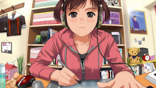 Woman sitting desk headphones laptop - a desk free wallpaper