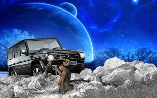 Black white mercedes space art - matte painting free wallpaper for desktop
