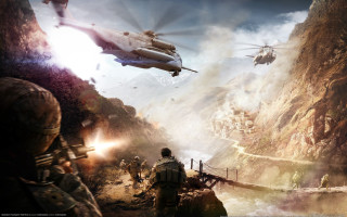 Soldiers mountain helicopter river bridge - a helicopter free wallpaper for desktop