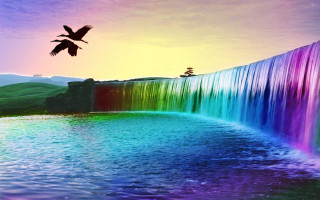 Bird flying waterfall rainbow background 2 - waterfall free wallpaper