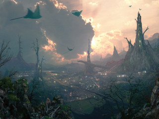 City sky trees bushes painting - a painting of a city free wallpaper