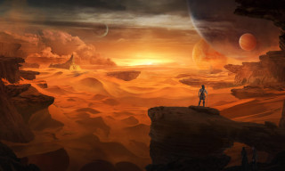 Man desert sunset planet rock - a distant planet in the foreground free wallpaper
