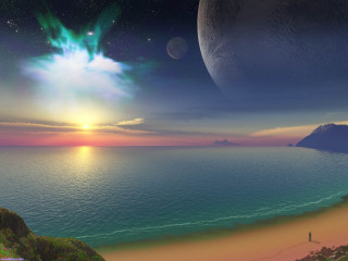 Beach person ocean distant star - a painting of a beach free wallpaper